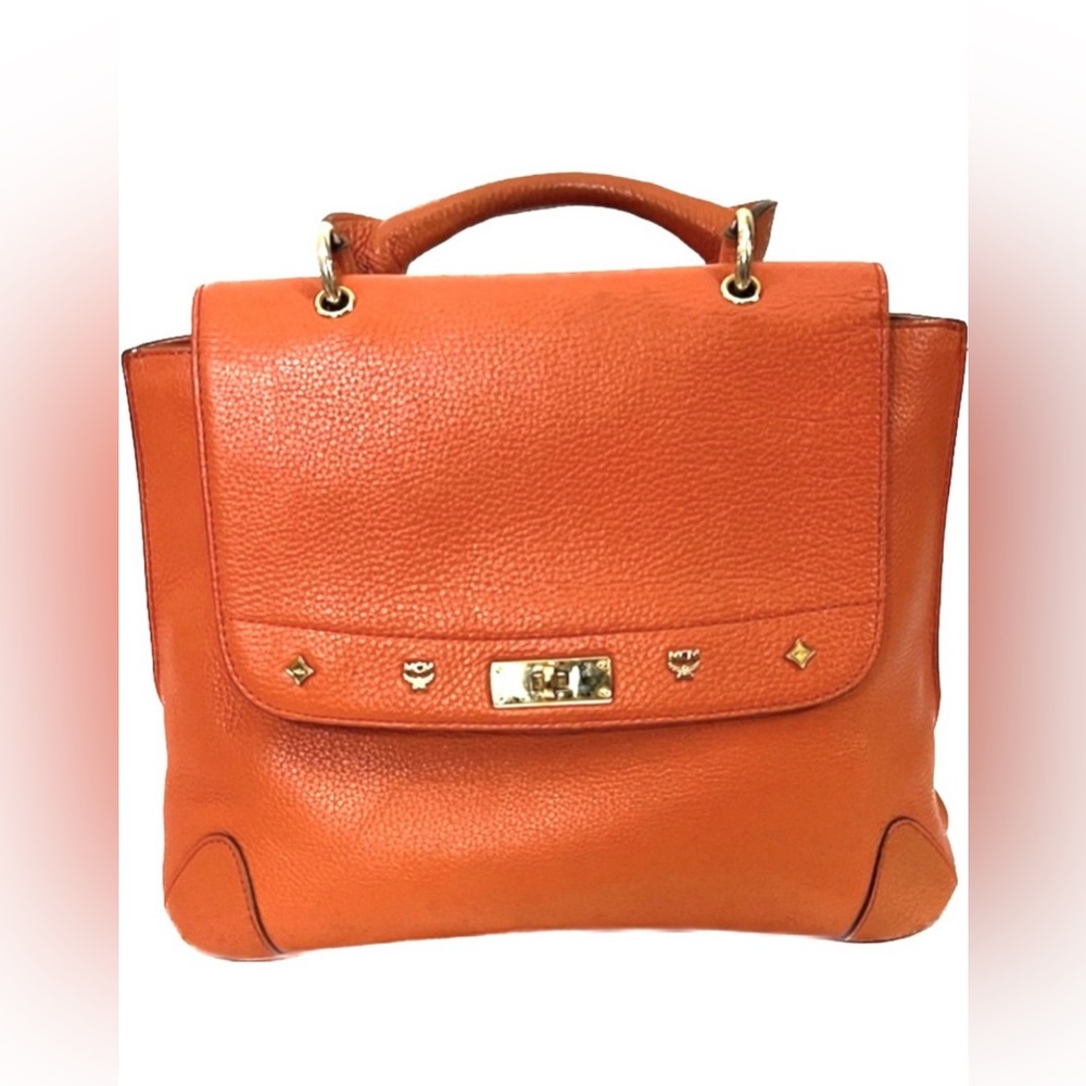 MCM Handbags Orange Leather Satchel Purse Small Tote Visetos Logo Studs Bag